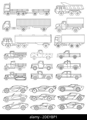 Ein großer Satz von Autos in einem linearen Stil gezeichnet. Vektorgrafik. Stock Vektor