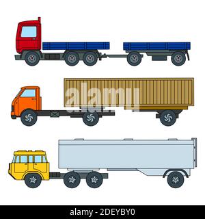Set von LKWs mit Anhängern. Cartoon-Stil. Farbvektordarstellung Stock Vektor
