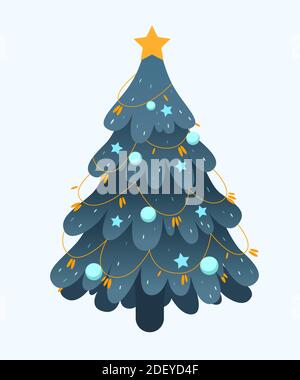 Dekorierter Weihnachtsbaum mit Stern, Kugeln und Perlen Girlande, isoliert auf weißem Hintergrund. Neujahr und frohe Weihnachten Grußkarte, Poster, Ikone. Cartoon-Stil. Vektorgrafik Stock Vektor