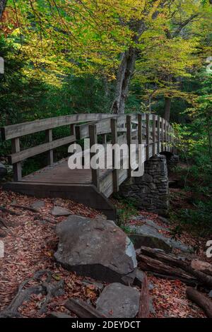 Trail Bridge über einen kleinen Bach auf dem Blue Ridge Parkway in North Carolina Stockfoto