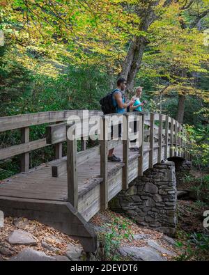 Wanderer halten auf der Wanderbrücke inne, um die Herbstfarben zu genießen Stockfoto