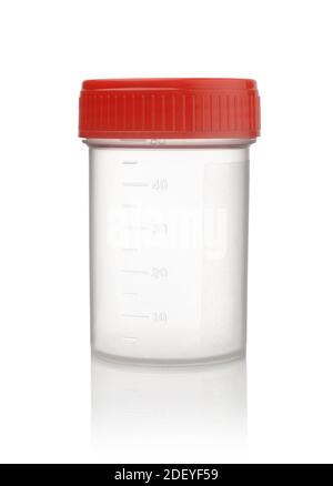 Kunststoffbehälter für medizinisches Labor isoliert auf weiß. Stockfoto
