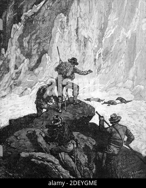 Tragödie oder tragischer Bergunfall auf dem Matterhorn. Die Edward Whymper Expedition in den Schweizer Alpen 1865 (engr Castelli 1884) Vintage Illustration oder Gravur Stockfoto