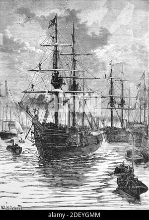 HMS Alert (1856) Wooden Sloop & HMS Discovery (1874) Wooden Storeship Schiffe verlassen Portsmouth Hafen (Engr 1884). Die Schiffe wurden bei der British Arctic Expedition von 1875-1876 eingesetzt. Vintage Illustration oder Gravur Stockfoto