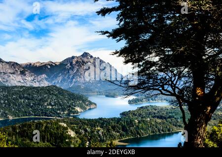 Schöne Landschaft von einem Hügel in Bariloche, Argentinien an einem sonnigen Sommertag. Berge, Seen, Pinien und blauer Himmel. Stockfoto