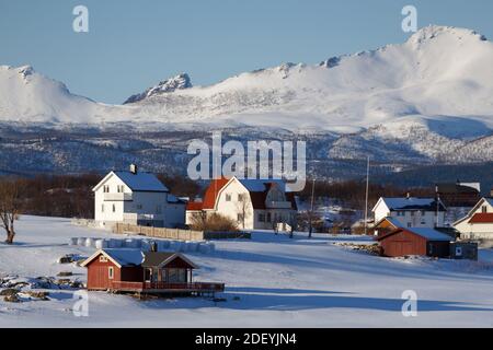 Kleinen norwegischen Dorf am Ufer des Fjords. Lofoten. Norwegen. Stockfoto