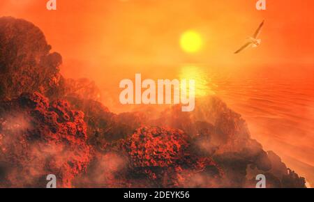 3d-Illustration. Fantastische Landschaft des Marssee, mit Felsen, Bergen und Grotten, Sonne, Wasserspiegelung, Nebel und Wolken Stockfoto