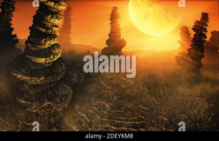 Fantastischer Sonnenaufgang, Sonnenuntergang im Tal der Idole, auf einem anderen Planeten. 3d-Illustration Stockfoto