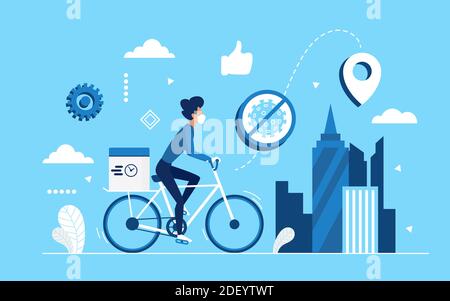 Sichere kontaktlose Stadt Lieferung Service Konzept Vektor-Illustration. Cartoon Mann Kurier oder Freiwilliger in medizinische Maske liefern Lebensmittel Produkt-Box aus dem Supermarkt von Fahrrad Fahrrad Hintergrund Stock Vektor