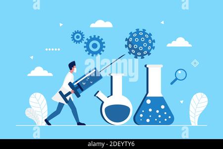 Coronavirus-Impfstoff Medizin Forschung Vektor Illustration. Cartoon Arzt Wissenschaftler Charakter hält medizinische Injektionsspritze, Behandlung und Impfung, stoppen Corona Virus Konzept Hintergrund Stock Vektor