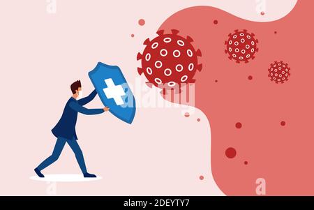 Coronavirus Kampf Konzept Vektor Illustration. Cartoon Mann Charakter in Schutzmaske hält Schild Bekämpfung Corona-Virus covid19, Schutz und Abschirmung der Gesundheit vor viralen Erregern Hintergrund Stock Vektor