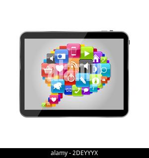 Glas-Taste Symbol setzen Sprechblase auf Tablet PC-Konzept . Abbildung Stockfoto