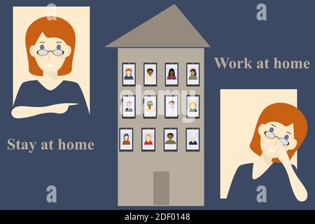 Arbeiten und Lernen zu Hause. Frauen und Männer kommunizieren online. Ort für Ihren Text. Vektorgrafik Stock Vektor