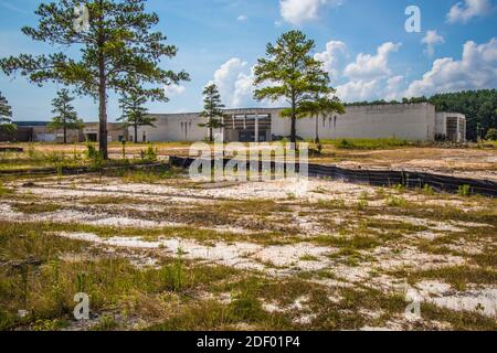 Augusta, GA USA - 07 04 20: Verlassene Regency Shopping Mall weiße Baubäume Stockfoto