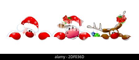 Weihnachtsmann, Hirsch und Kuh auf weißem Hintergrund. Weihnachtszeichentrickfiguren sind in einem Weihnachtsmann Hut gekleidet und mit Weihnachtsdekorationen verziert. Stock Vektor