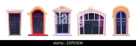 Cartoon-Fenster Set, Vintage-Gläser mit Steinrahmen, Fensterbank und Vorhänge im Inneren, Retro-Stil gewölbt und rechteckigen Palast oder Schloss Außengestaltung Elemente isoliert Vektor-Illustration, Icons Stock Vektor