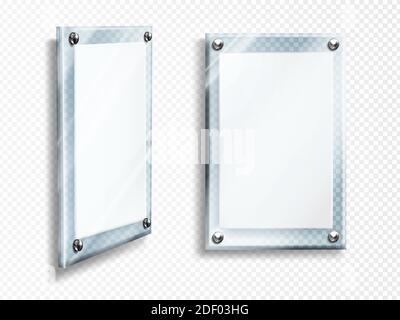 Acryl-Poster, blank Glasrahmen hängen an der Wand isoliert auf transparentem Hintergrund. Leere Fotorahmen Vorlage, rechteckige Namensschild, Plexiglas Banner, Halter Mockup realistische 3d-Vektor-Illustration Stock Vektor