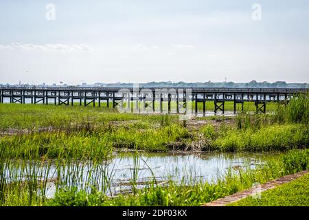 Blick auf Hog Island Kanal Wasser vom Mount Pleasant in Charleston, South Carolina mit hölzernen Docks Pier und Grüngras Landschaft Blick im südlichen t Stockfoto