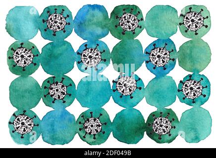 Abstrakter handgezeichneter Aquarellhintergrund mit kovidierten Elementen. Spots Aquarell covid Hintergrund. Stockfoto
