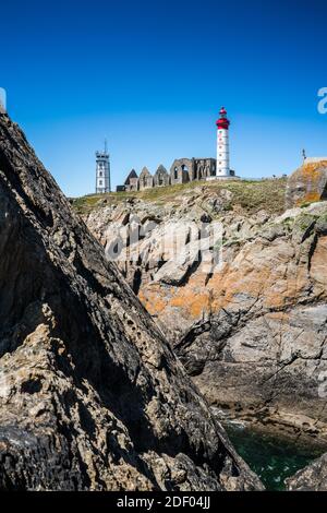 Außenansicht des Leuchtturms Saint-Mathieu, Bretagne, Frankreich, Europa. Stockfoto