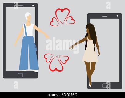 Einladung zu einem virtuellen Spaziergang. Online-Dating. Rote Herzen. Vektorgrafik Stock Vektor