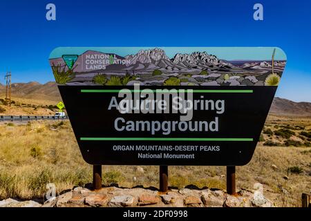 Schild für Aguirre Springs Campground, Organ Mountains-Desert Peaks National Monument, New Mexico, USA Stockfoto