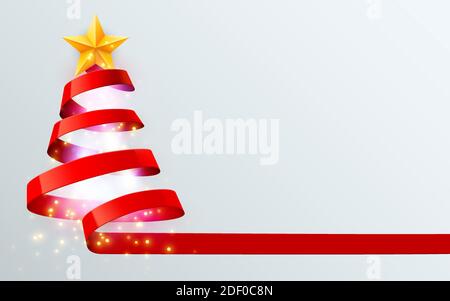 Weihnachtsbaum aus Red Ribbon auf hellen Hintergrund. Neues Jahr und Weihnachten Grußkarte oder Party Einladung. Vector Illustration. Stock Vektor