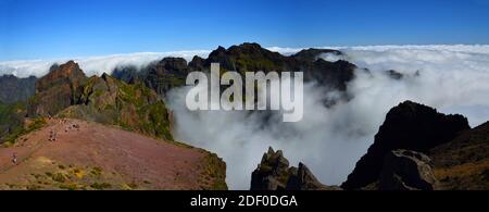 Panorama des Pico do Areeiro Madeira Gipfel zwischen Wolken mit blauem Himmel über. Stockfoto