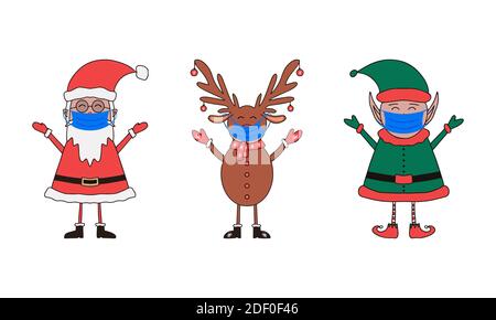 Set von Weihnachtsfiguren, Weihnachtsmann, Elf und Hirsch in Gesichtsmasken auf weißem Hintergrund. Stock Vektor