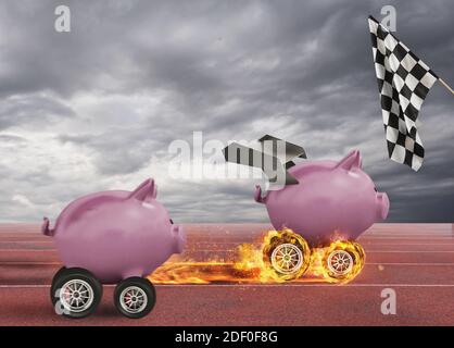 Sparschwein mit Rad wie ein Auto Flügel gegen Konkurrenten. Konzept der schnellen Erhöhung des Geldes. Stockfoto