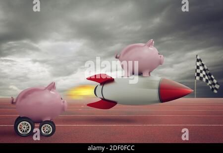 Sparschwein fliegt auf einer Rakete und gewinnt gegen Konkurrenten. Konzept der schnellen Erhöhung des Geldes. Stockfoto