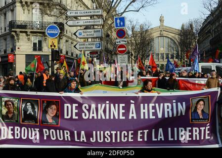 Pro-kurdische Demonstranten fordern Gerechtigkeit bei einer Demonstration in Paris, Frankreich, am 11. Januar 2020, zu Ehren der drei kurdischen Aktivistinnen Sakine Cansiz, Fidan Dogan und Leyla Soylemez, die am 10. Januar 2013 im Kurdistan Informationszentrum im 10. Bezirk von Paris tot aufgefunden wurden. Foto von Georges Darmon/Avenir Pictures/ABACAPRESS.COM Stockfoto