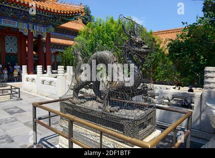 Innenhof mit Drachenskulptur vor einem Gebäude im Sommerpalast in Peking, China Stockfoto
