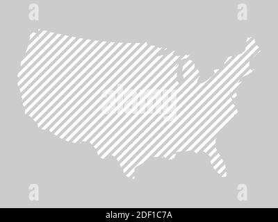 Gestreifte Karte der Vereinigten Staaten von Amerika. USA-Karte aus dünnen weißen Linien auf grauem Hintergrund. Stock Vektor