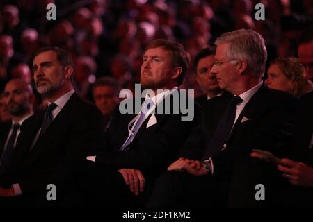 König Willem-Alexander von den Niederlanden, König Philippe von Belgien und König Felipe VI von Spanien während des Fünften Welt-Holocaust-Forums im Yad Vashem Holocaust-Gedenkmuseum in Jerusalem am 23. Januar 2020. Handout Foto von GPO/ABACAPRESS.COM Stockfoto