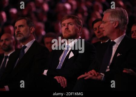 König Willem-Alexander von den Niederlanden, König Philippe von Belgien und König Felipe VI von Spanien während des Fünften Welt-Holocaust-Forums im Yad Vashem Holocaust-Gedenkmuseum in Jerusalem am 23. Januar 2020. Handout Foto von GPO/ABACAPRESS.COM Stockfoto