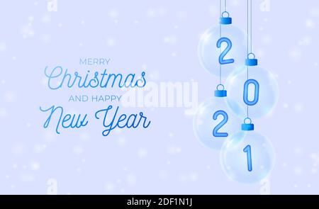2021 Frohes neues Jahr. Blaue Zahl in Glaskugel. Weihnachten feiern Party 2021. Xmas Poster, Banner, Deckblatt, Broschüre, Flyer, Layout-Design Stock Vektor