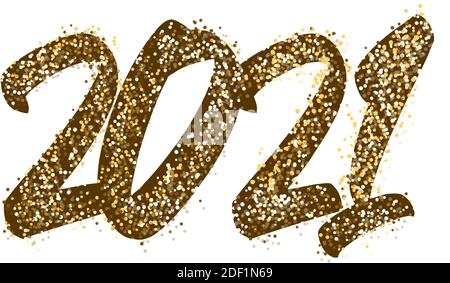 2021 Happy New Year Schriftzug. Text golden mit hellen Funkeln. Handgeschriebener Text-Schriftzug in Farbe und Farbe Gold. Festliche Design Vorlage, Gruß Stock Vektor