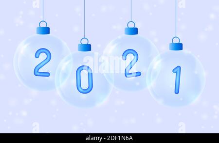 2021 Frohes neues Jahr. Blaue Zahl in Glaskugel. Weihnachten feiern Party 2021. Xmas Poster, Banner, Deckblatt, Broschüre, Flyer, Layout-Design Stock Vektor
