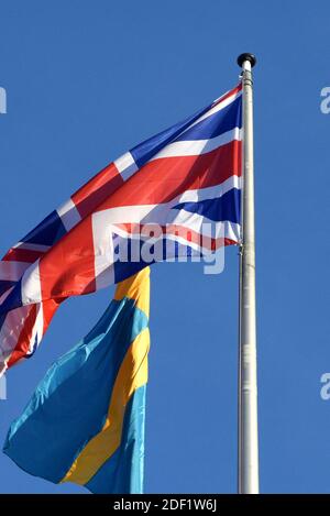 Flagge des Vereinigten Königreichs, das am 31. Januar 2020 im Europäischen Parlament in Straßburg, Nordostfrankreich, am 15. Januar 2020 die Europäische Union verlassen hat. Foto von Nicolas Roses/ABACAPRESS.COM Stockfoto