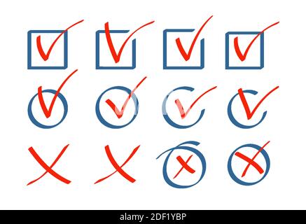 Aktivieren Sie das Kontrollkästchen Symbol handgeschriebener Satz. Von Hand gezeichnete rote Striche und Stiftmarkierungen für Listenelemente. Grunge-Zeichen, Kontrollkästchen. Stilvolle Karo-Symbol gemalt Kollektion. Vektordarstellung für Objekte Stock Vektor
