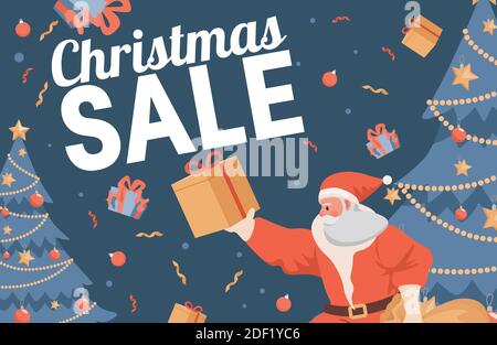 Weihnachten Verkauf Vektor flach Banner-Design mit Text. Weihnachtsmann hält Geschenkbox. Verzierte Weihnachtsbäume mit Girlanden, Sternen und Kugeln auf dunklem Hintergrund. Saisonale Verkauf Poster Vorlage. Stock Vektor