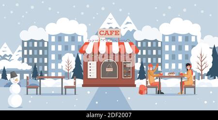Frohe Winterferien Vektor-Flat-Konzept. Lächelnder Mann und Frau in warmen Kleidern sitzen im Outdoor Cafe im Winter Park, trinken heißen Kaffee oder Glühwein. Illustration zu Weihnachtsferien. Stock Vektor