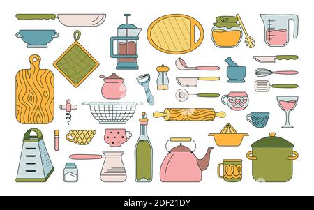 Kochgeschirr Küchengeräte Line Set. Backwerkzeuge Cartoon Geschirr, Ausrüstungen. Handgezeichnete Küchenutensilien flache Stil Sammlung. Lebensmittelzubereitung Vektor-Illustration auf weiß Stock Vektor