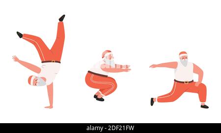 Niedlich und lustig Santa Claus tun Sport-Übungen Vektor flache Illustration. Set von drei Santa Claus Zeichen isoliert auf weißem Hintergrund, Frohe Weihnachten und glückliches Neues Jahr Design-Elemente. Stock Vektor