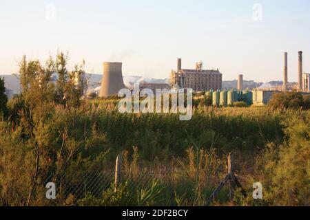 Industriegebiet von ​​chemical Fabriken und Schornsteine jenseits der grünen Vegetation von Rosignano solvay in der toskana Stockfoto