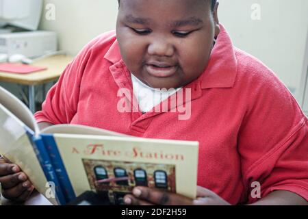 Miami Florida, Little Haiti Edison Park Elementary School, übergewichtig fettleibig schwarzafrikanisch afrikanisch junge Student, liest lesen, Stockfoto