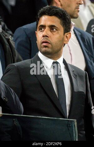 Datei Foto vom 19. Oktober 2017 von Präsident PSG Nasser Al-Khelaifi während des dritten Spiels in der Gruppenphase ( Gruppe B ) des UEFA Champions League-Wettbewerb zwischen dem belgischen Fußballteam RSC Anderlecht und Französisch Paris Saint-Germain (PSG), Brüssel, Belgien. Der Präsident von Paris Saint-Germain und Bein Sports-Vorsitzende Nasser Al-Khelaifi wurde wegen Anstiftung in der Schweiz wegen seiner Rolle bei der Vergabe der FIFA-WM-Rechte angeklagt. Foto von Danny Gys/Reporter/ABACAPRESS.COM Stockfoto