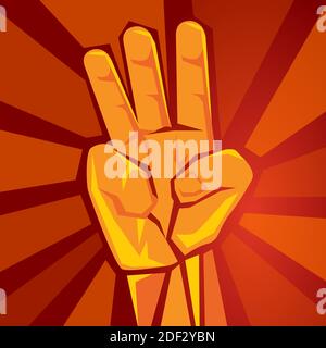 Drei-Finger-Hand zeigt erhöhte stützende Bewegung Symbol der retro Sozialismus Plakat Vektor-Illustration in rotem Hintergrund Stock Vektor
