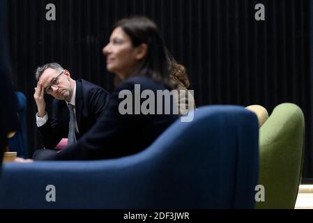 Anne Hidalgo und Emmanuel Gregoire im Bahnhof F für eine Pressekonferenz am 5. März 2020 in Paris, Frankreich. Foto von Eliot Blondt/ABACAPRESS.COM Stockfoto